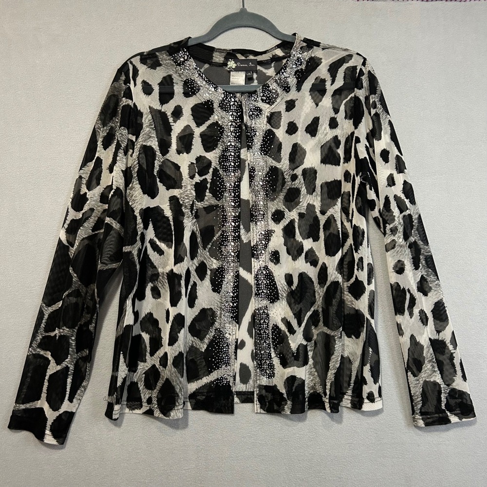 Women's Mesh Animal Print Cardigan Jacket L/XL‎ Rhinestone Trim Cover Up Leopard